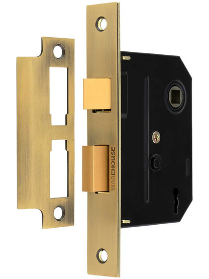 Standard Mortise Lock with Brass Face and Strike Plates in Antique Brass.